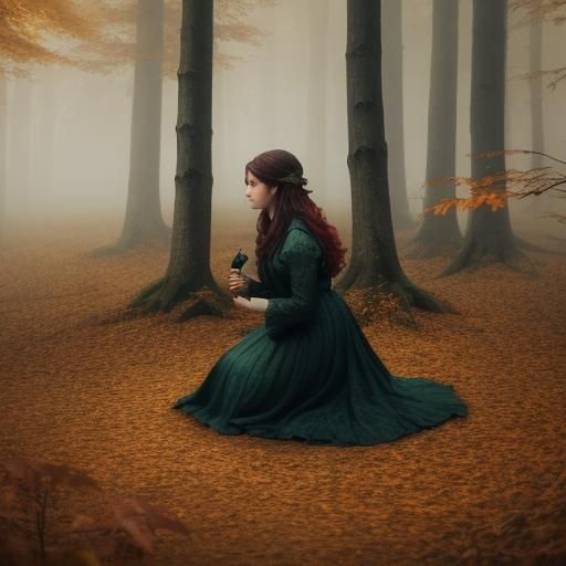 Figure Kneels in Autumn Forest in Impressionist Style