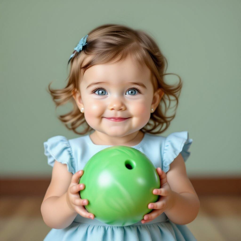 Toddler with Bowling Ball Smiles Victoriously