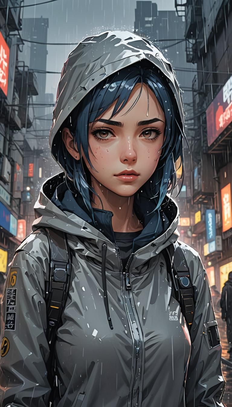 Cybernetic Anime Girl in Rainy Dystopia: Studio Trigger Styl...