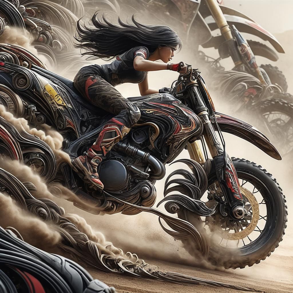Thai Woman Motocross Wheelie in Anime Art Style