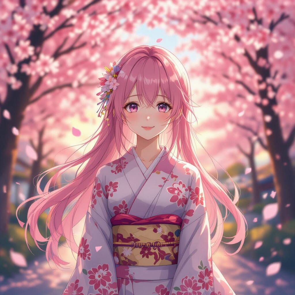 Anime Girl Under Sakura Trees in Watercolor Style