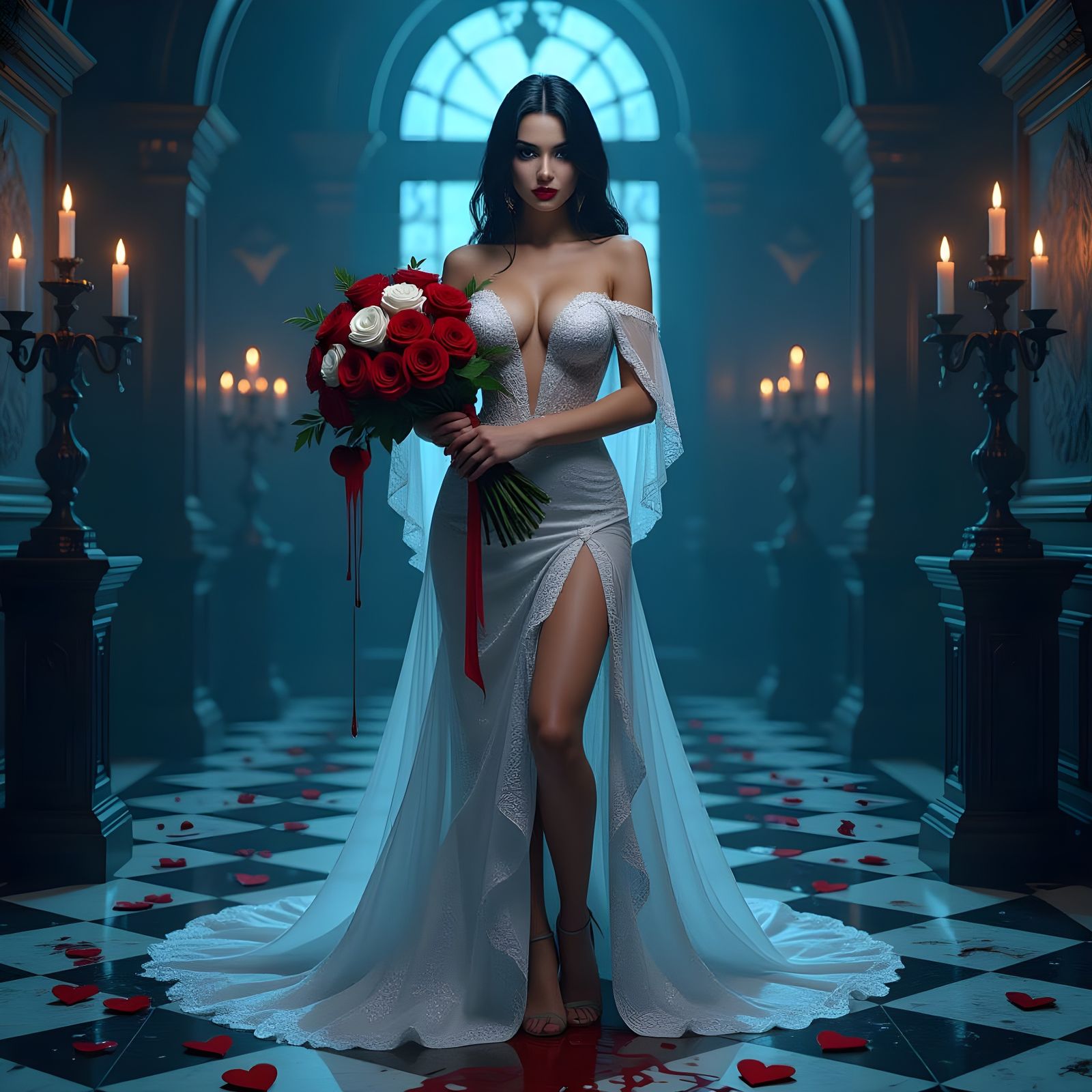 Gothic Romance: Ghostly Woman with Bloody Roses
