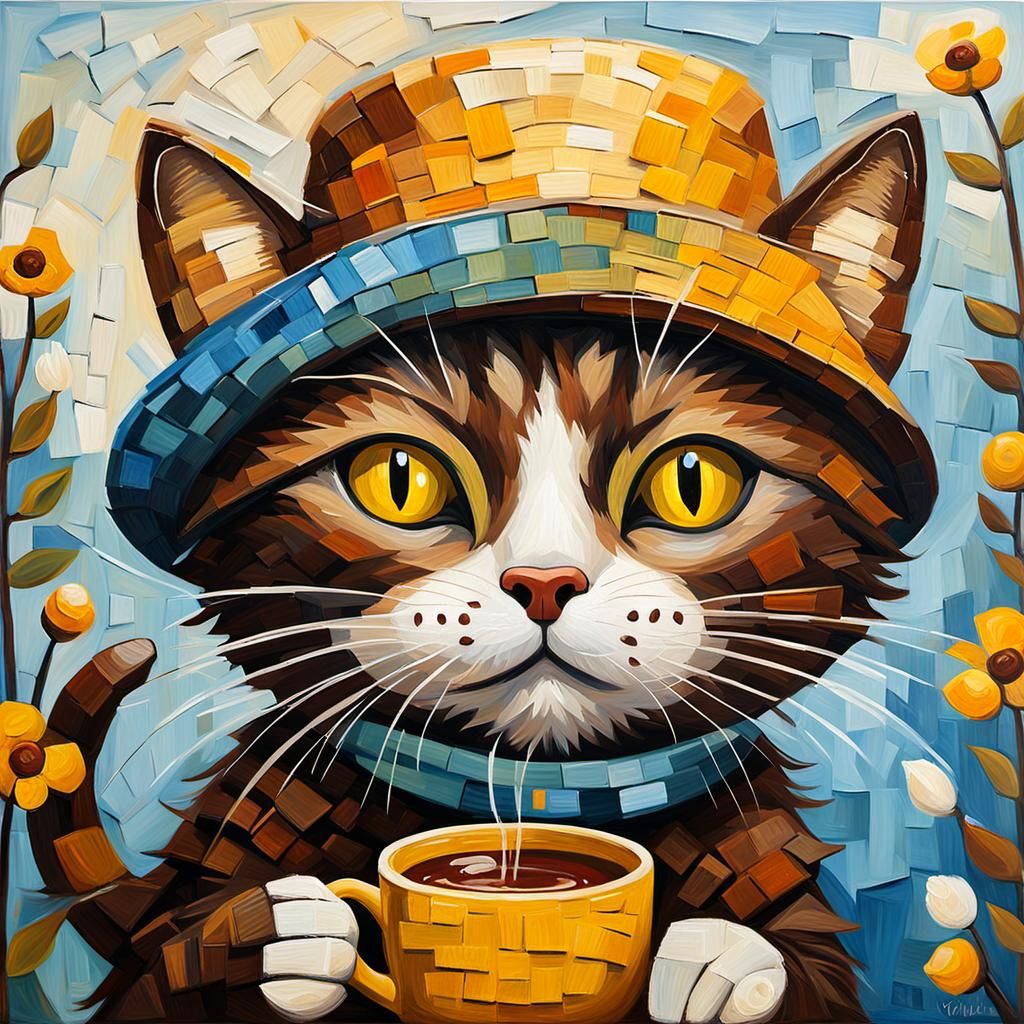 Whimsical Cat Enjoying Tea as Impasto Oil Painting