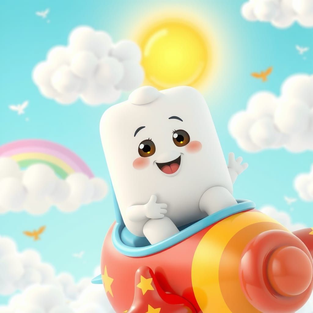 Sugar Cube Pilot Flies Whimsical Airplane: 3D CGI Art