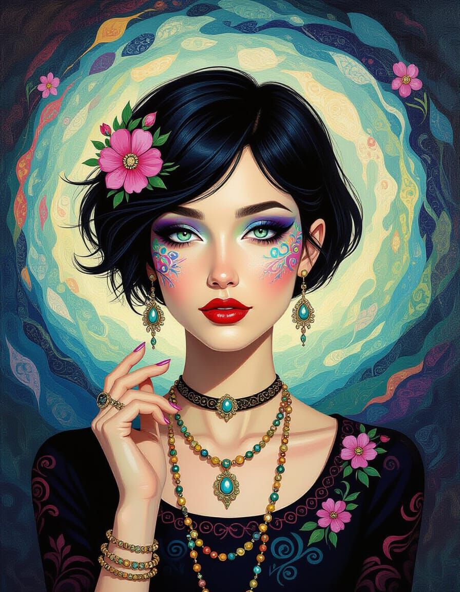 Surreal Woman with Bioluminescent Floral Facepaint