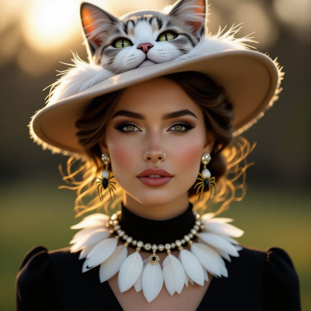 Elegant Woman with Feather Necklace and Cat Hat