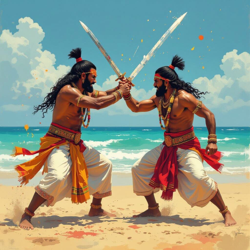 Indian Men Fighting on Beach in Graffiti Art Style