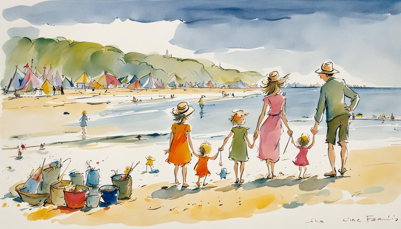 Family on Beach in Quentin Blake Style