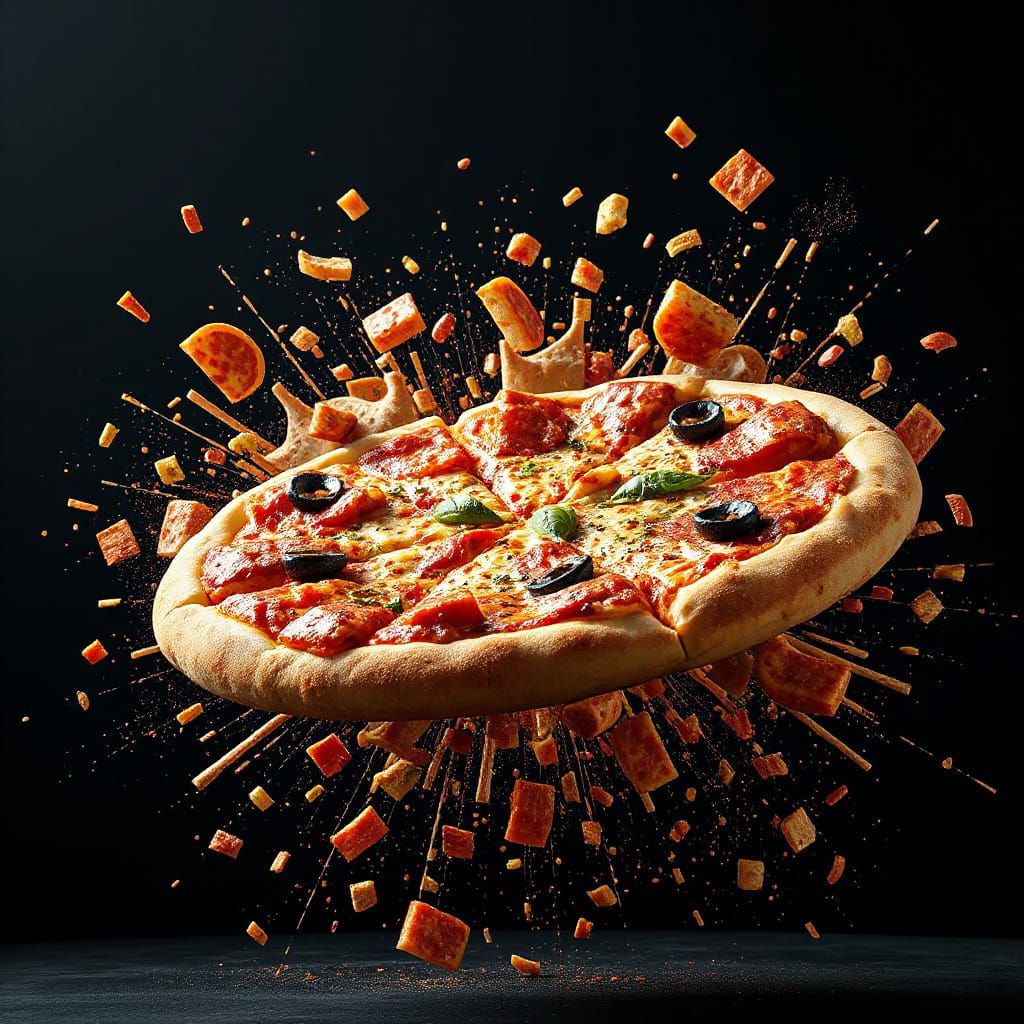 Exploding Pizza in Photorealistic Style