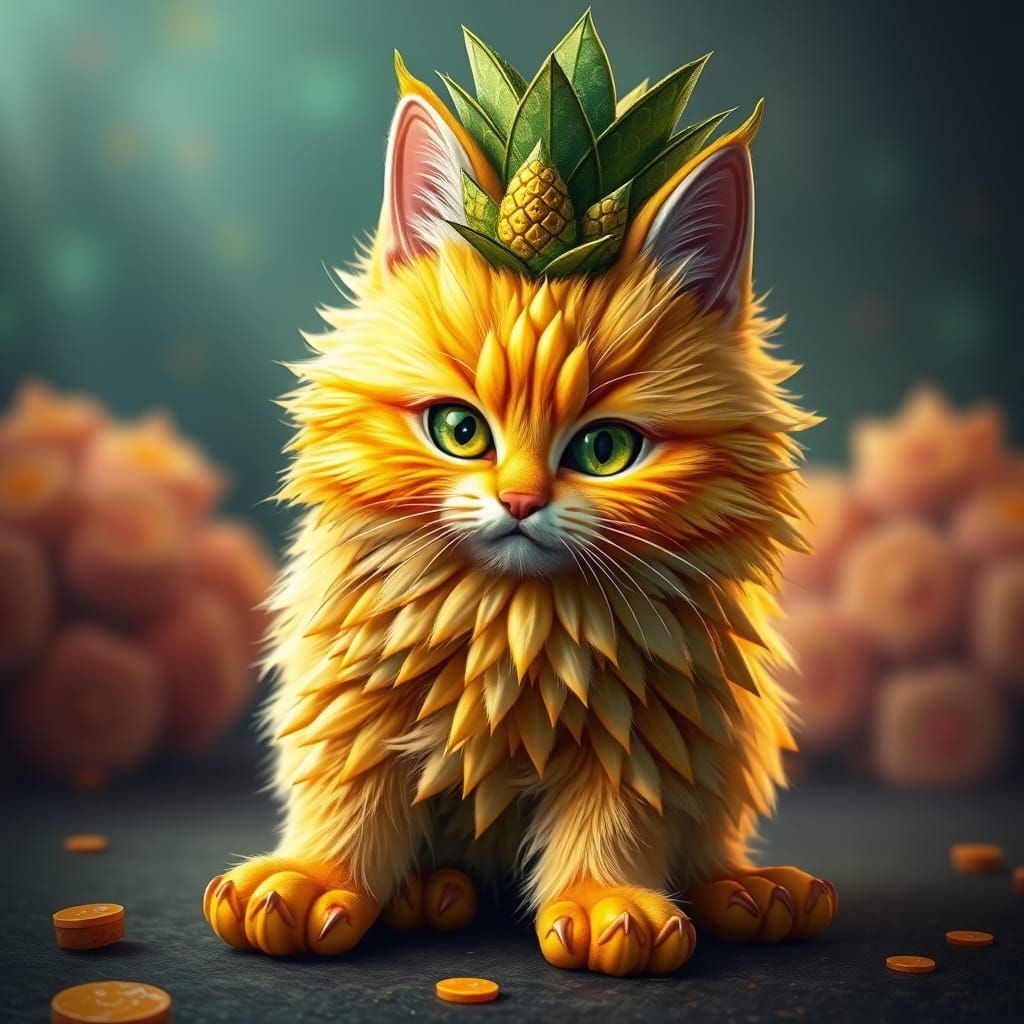 Golden Cat with Pineapple Spikes in Tropical Fantasy Art