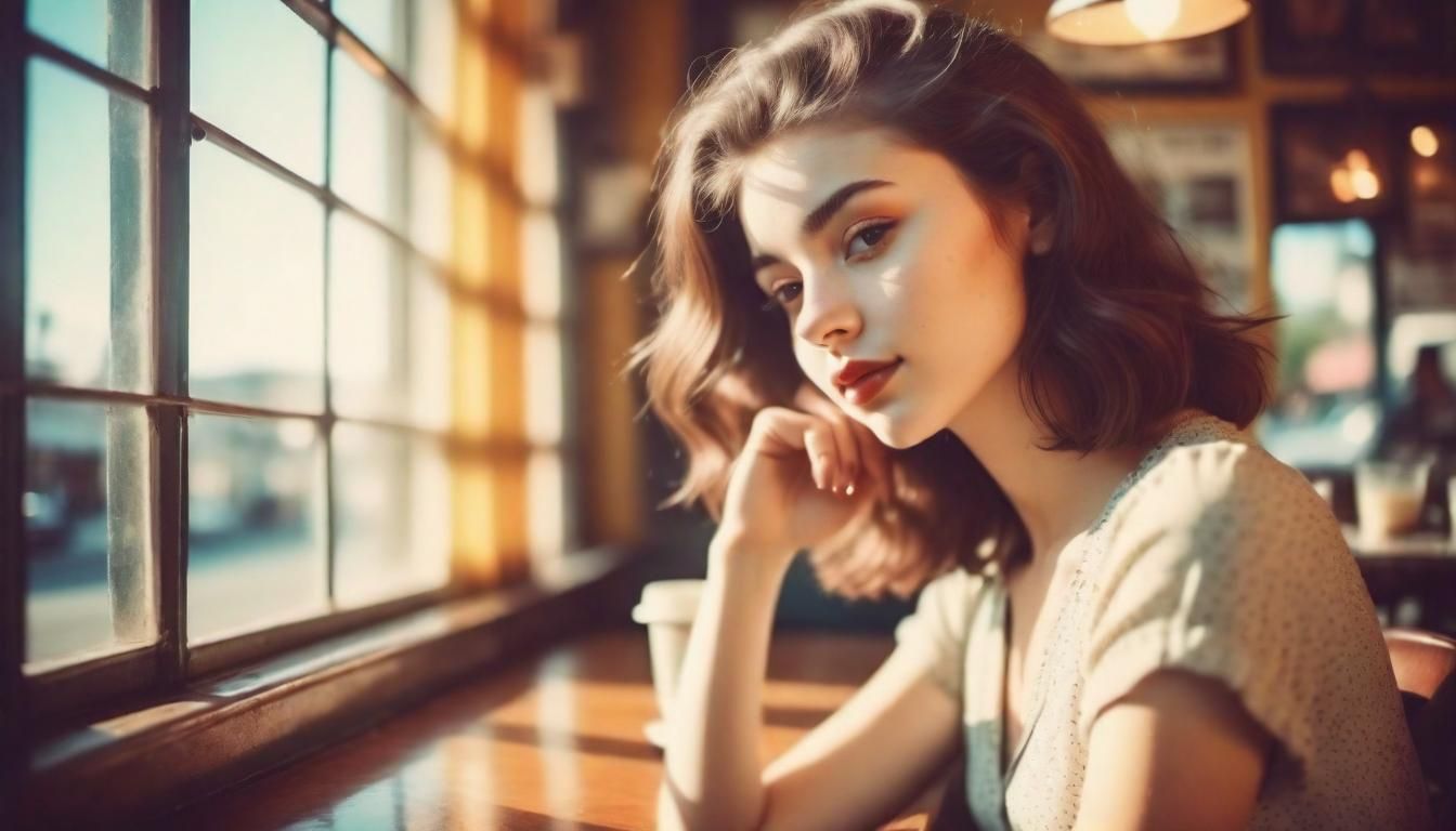 Girl Posing in Vintage Cafe: Polaroid Photography