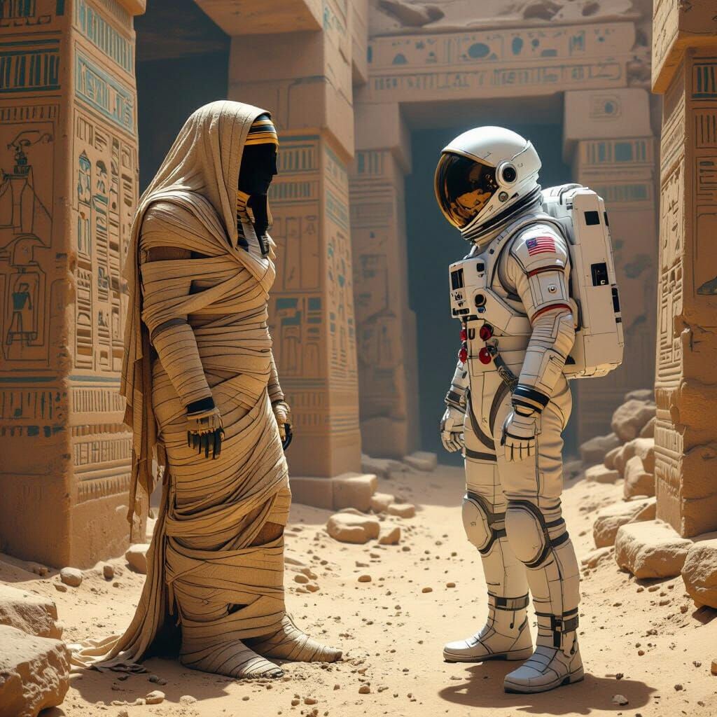 Mummy Meets Astronaut in Ancient Temple