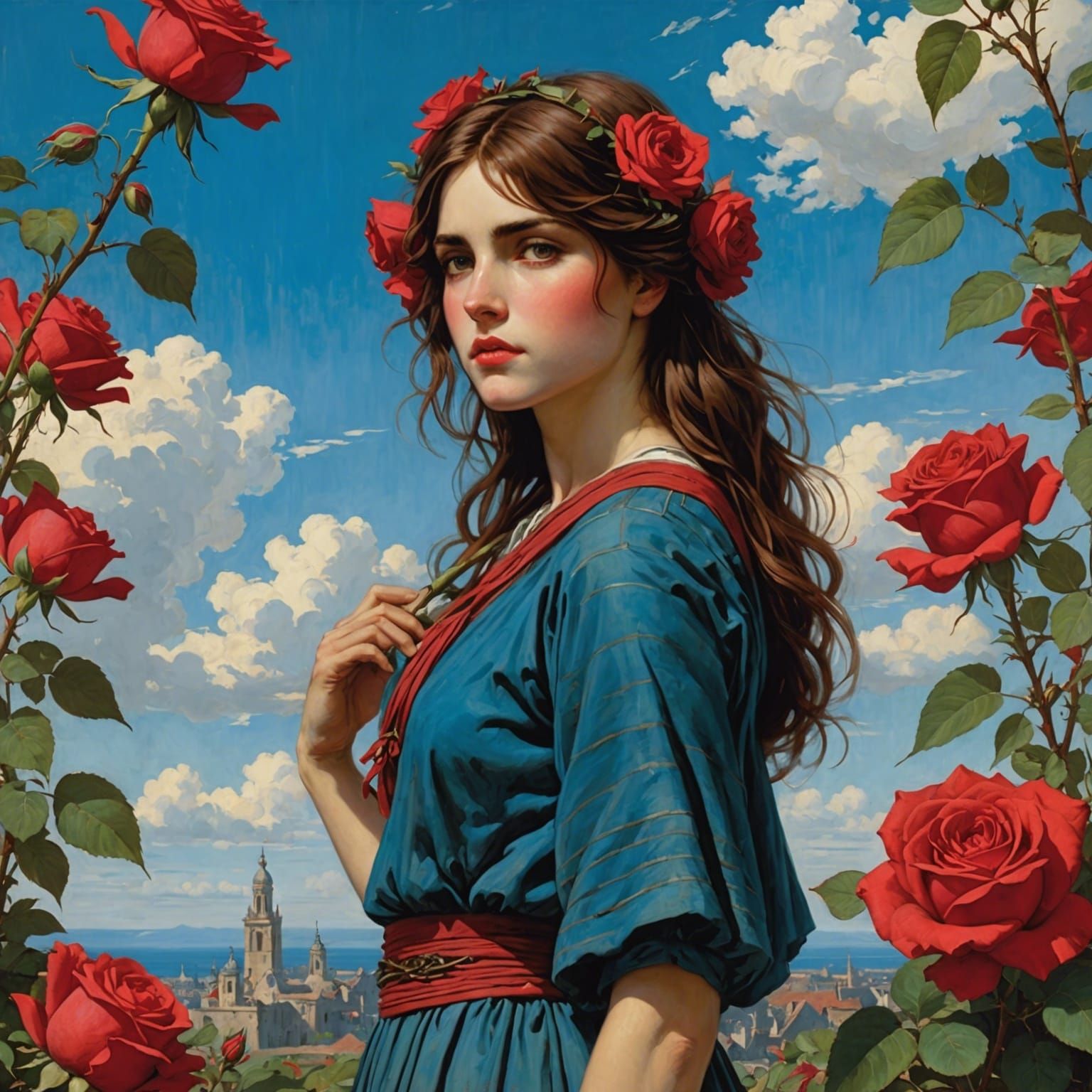 Red Roses Against Blue Sky in Anime Style