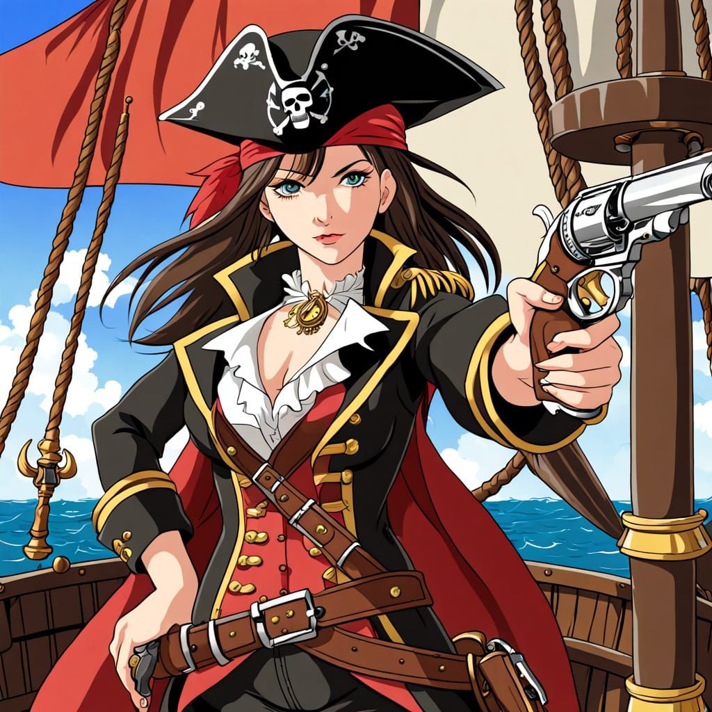 A beautiful Anime Woman Pirate Captain standing at the helm ...