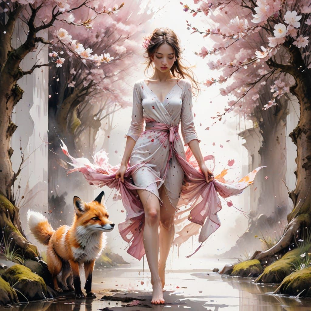 Goddess and Fox Cub in Cherry Blossom Garden