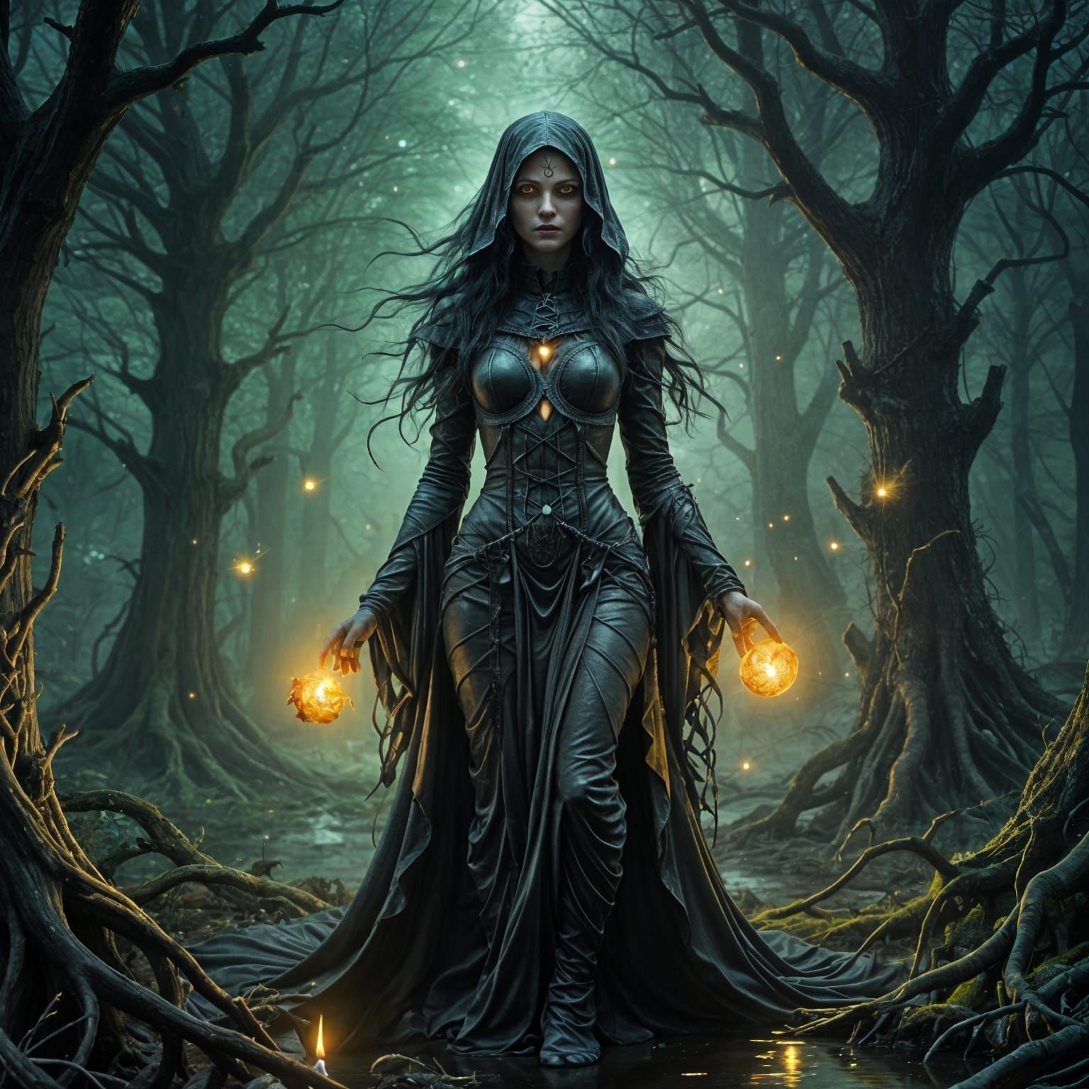 Gothic Witch Soars Over Mystical Swamp