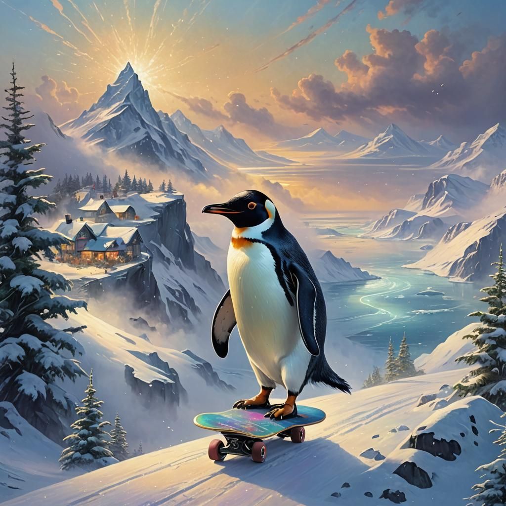 Penguin Skateboarding into the Sea: Fantasy Art