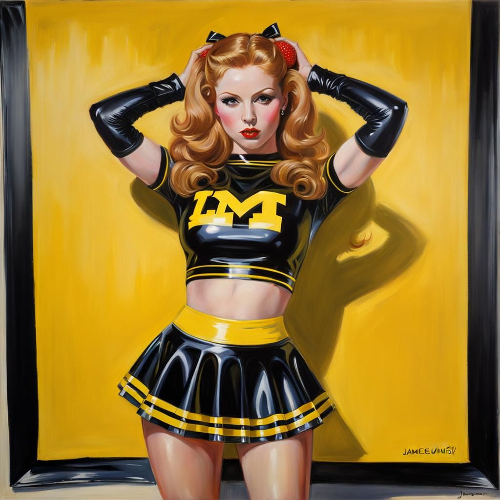 Strawberry Blonde Cheerleader in Latex, Oil Painting Style