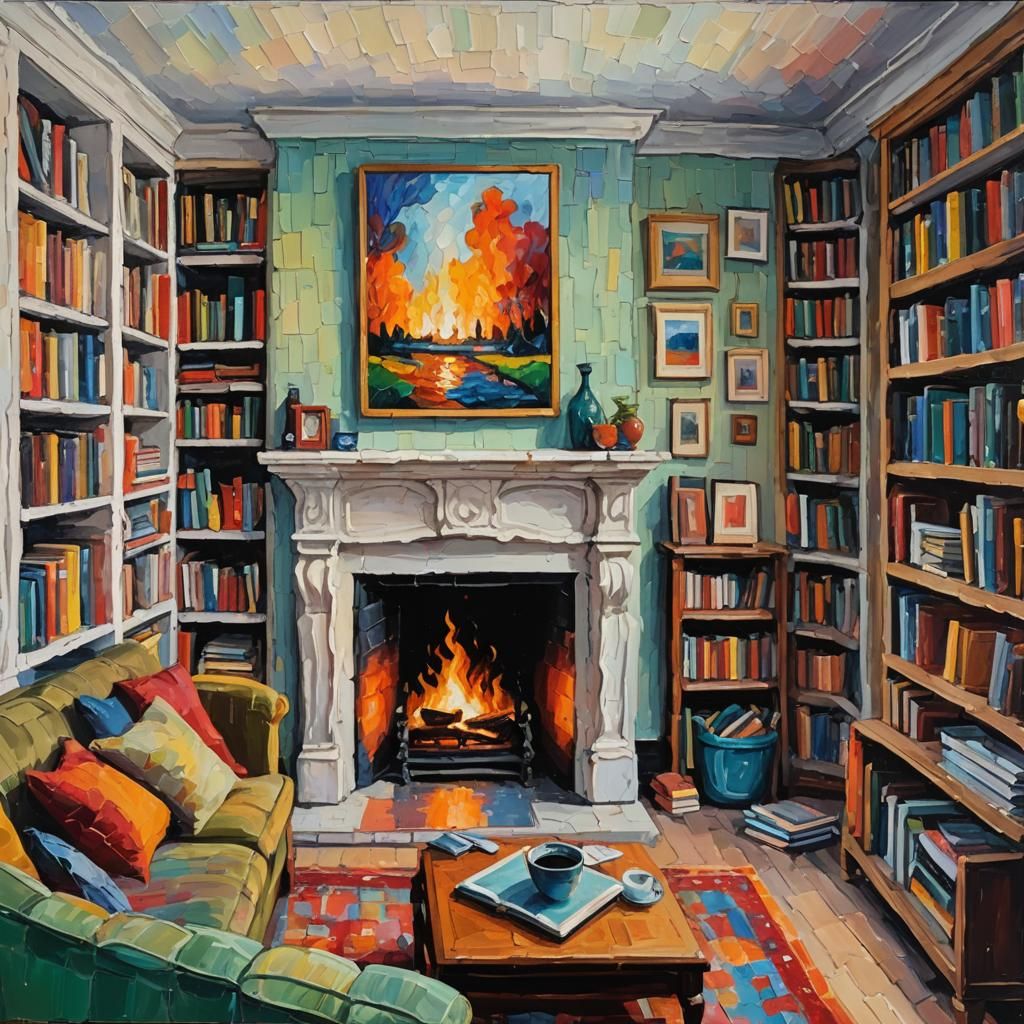 Cozy Fireplace Scene as Expressionist Oil Painting