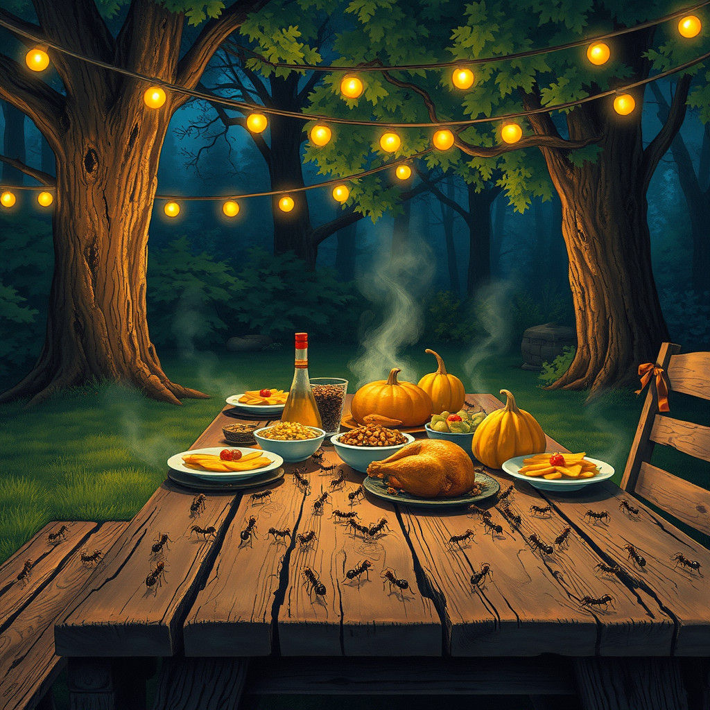 A nighttime Thanksgiving picnic dinner with ants crawling all over a outdoor picnic table in the backyard.