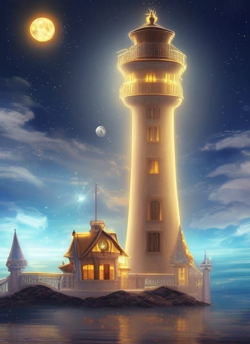 Golden Solarpunk Lighthouse Fantasy Artwork