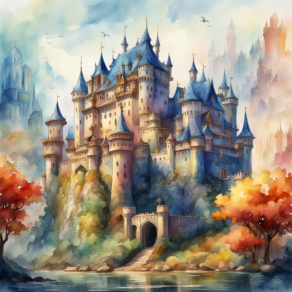 Fairytale Castle in Watercolor, Picasso Style