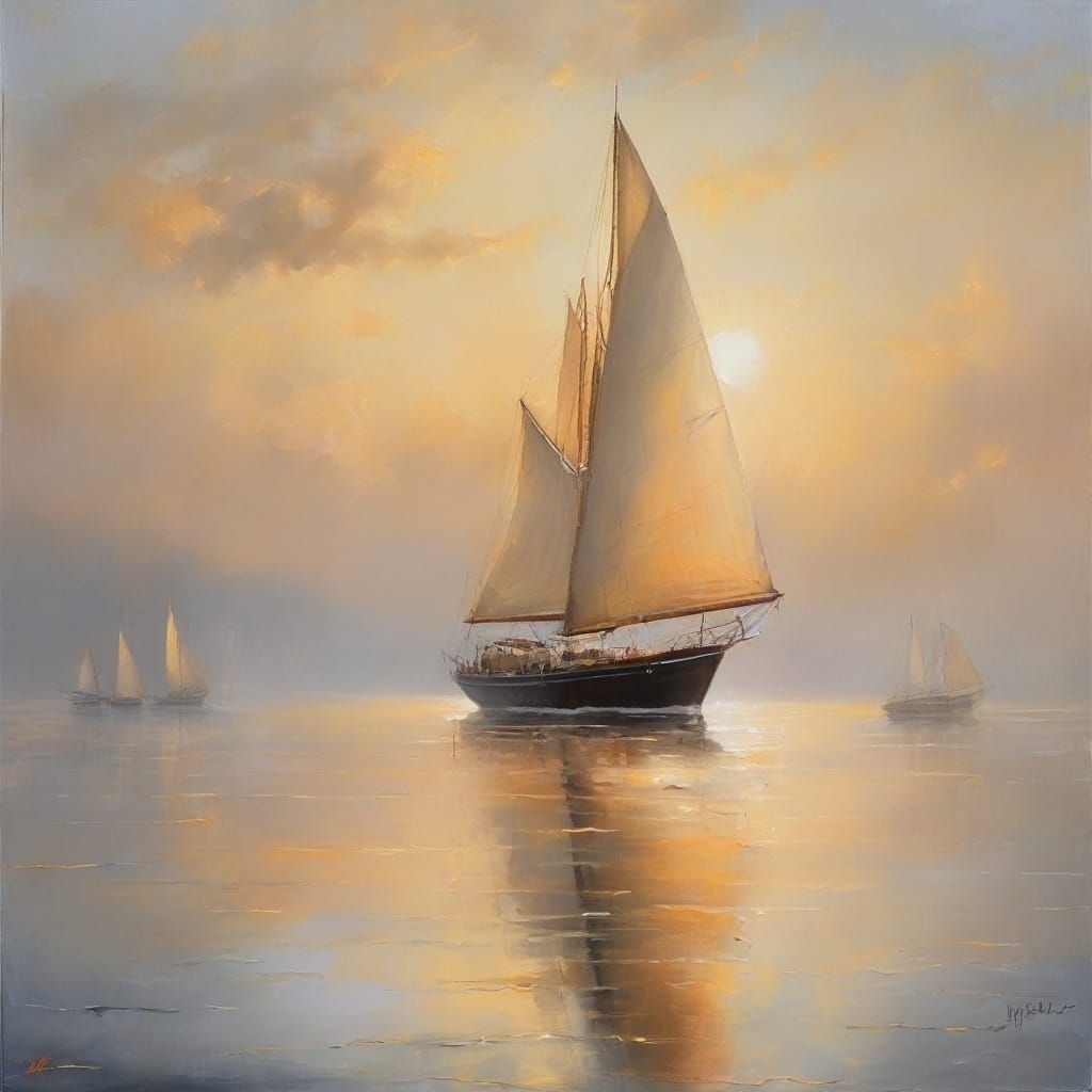 Misty Maritime Scene: Three-Masted Sailboat in Oil