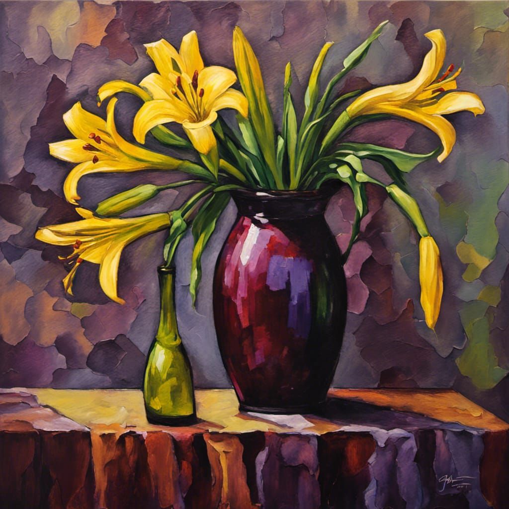 Yellow Lilies in Vase as Expressionist Oil Painting