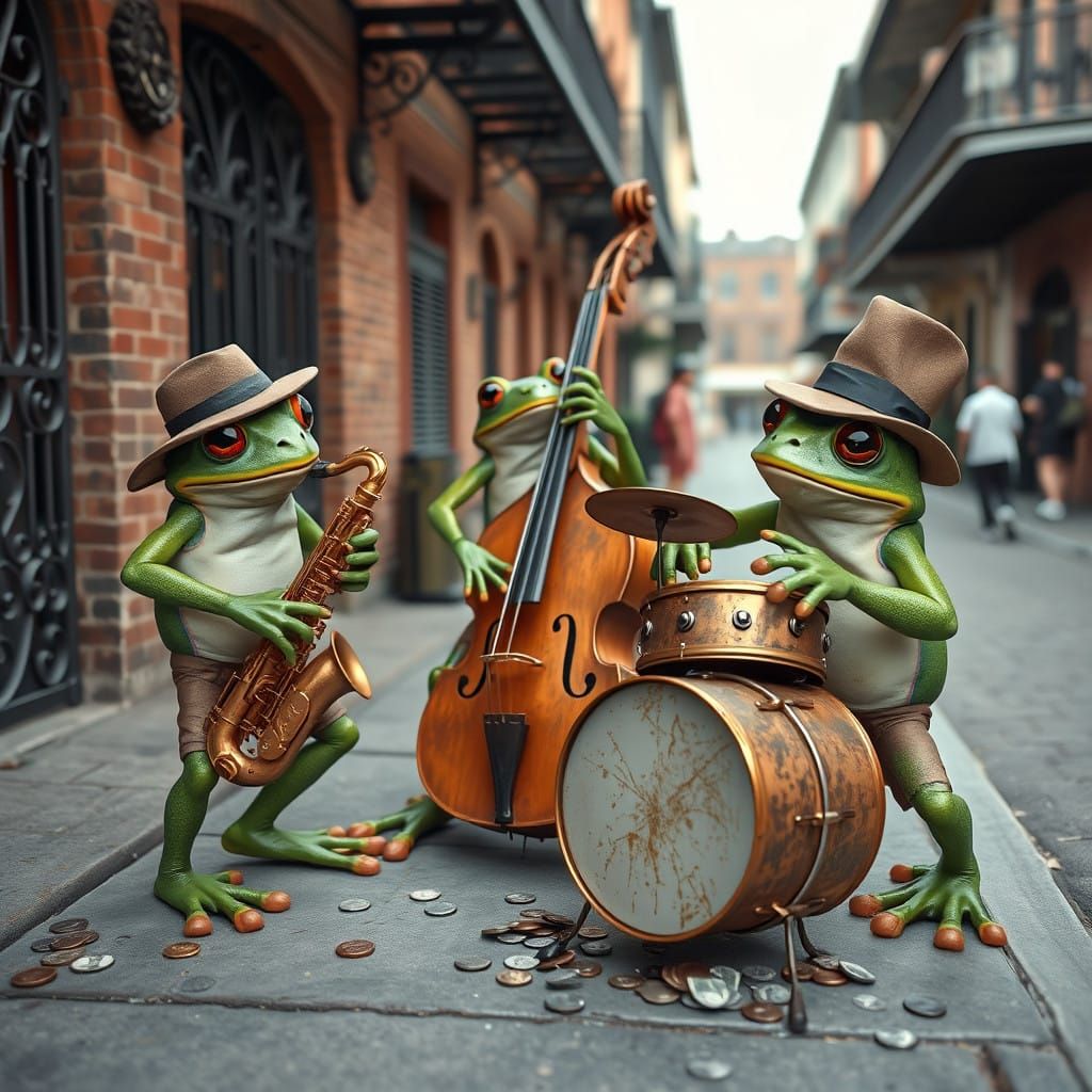 French Quarter Frogs Jazz Trio in Vibrant Attire