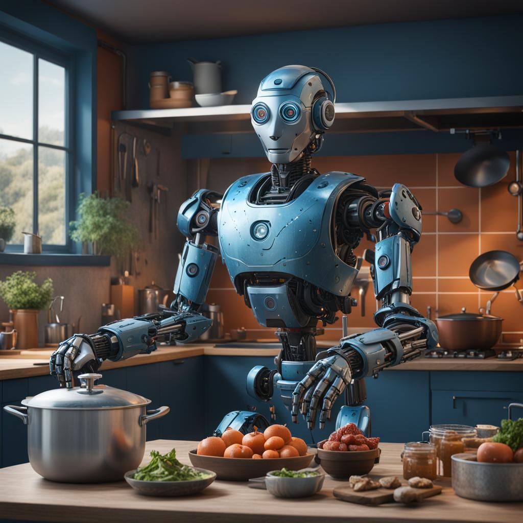 AI Robot Made of Kitchenware: Detailed Digital Art