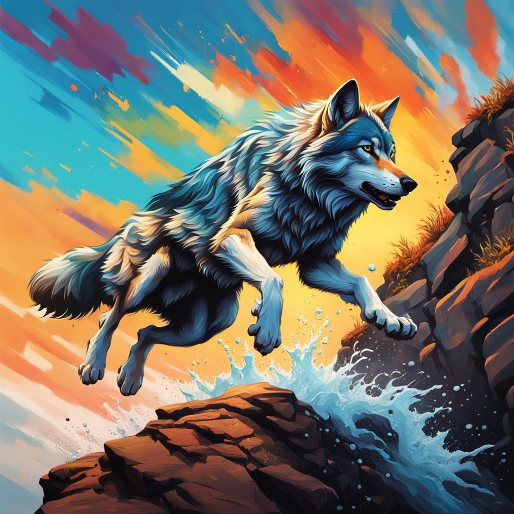 Hyperrealistic Wolf Leaps Over Cliff in Splash Art