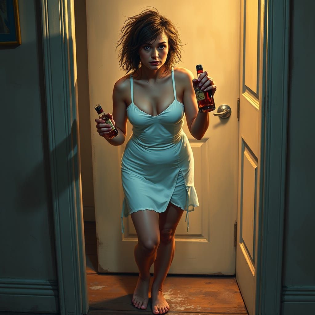 Disheveled Woman Leans on Doorframe, Clutching Whiskey Bottl...