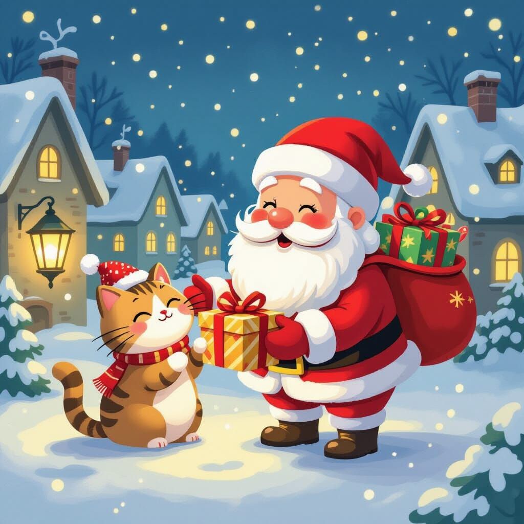 Santa Claus and Pusheen Deliver Gifts on Snowy Christmas Eve