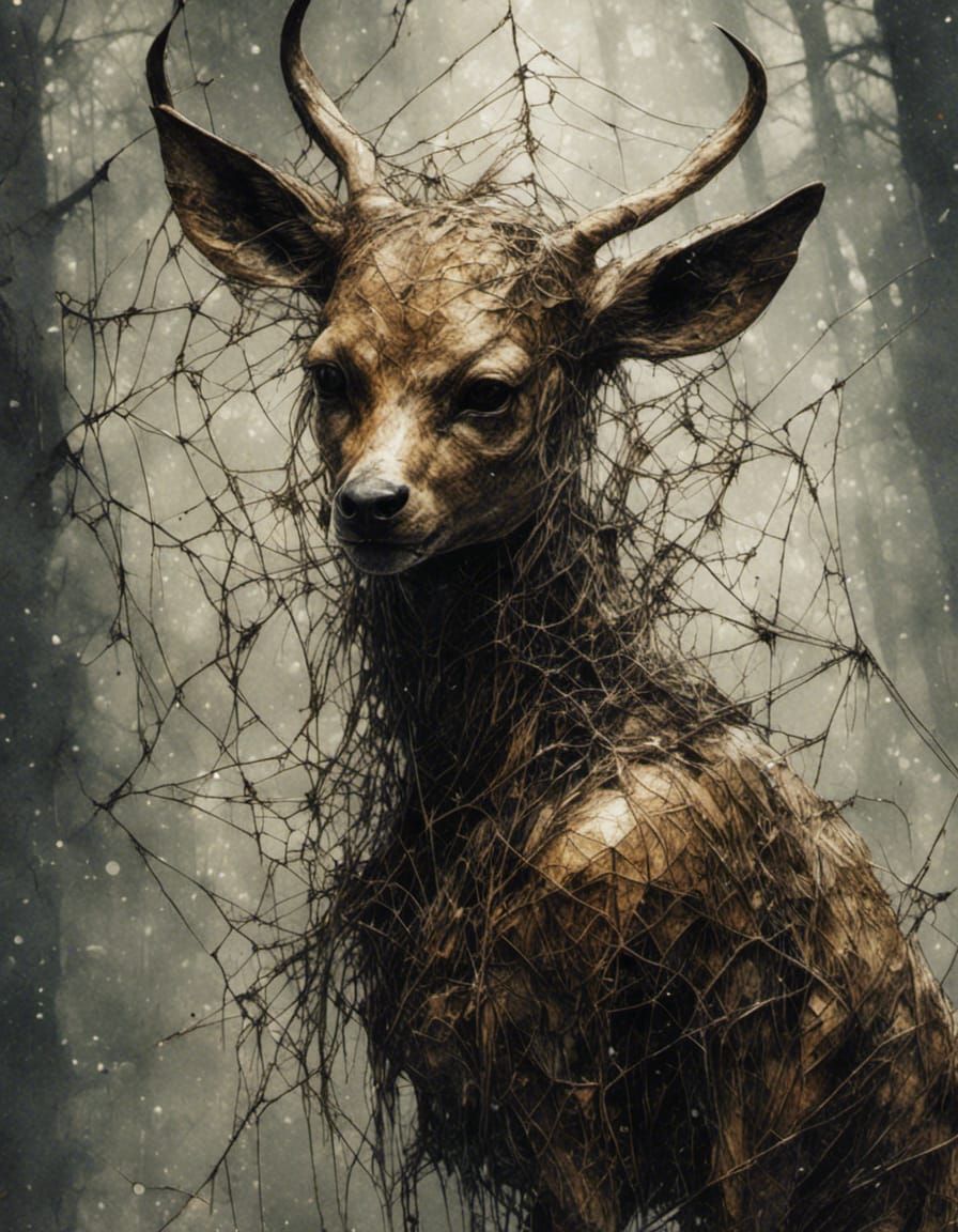An ephemeral mythical fawn covered in spiderweb, staring into the dark, dark art masterpiece, ethereal presence, moody, ...