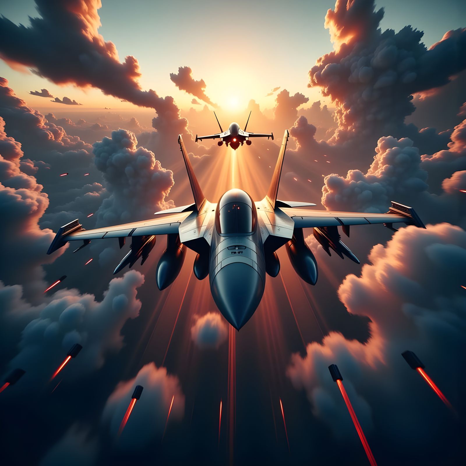 F-18 Hornet Engages UFO at Sunset: Photorealistic Scene