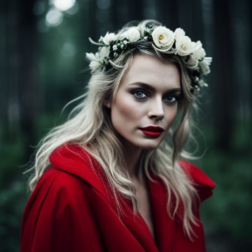 Woman in Red Fur Coat in Pinewood Forest