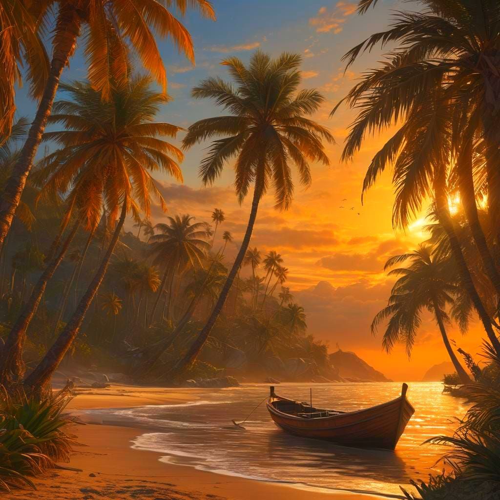 Tropical Beach Sunset with Palm Trees and Boat