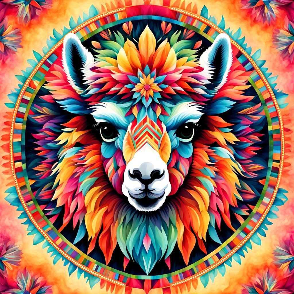 Vivid Mandala of Alpaca Face in Watercolor