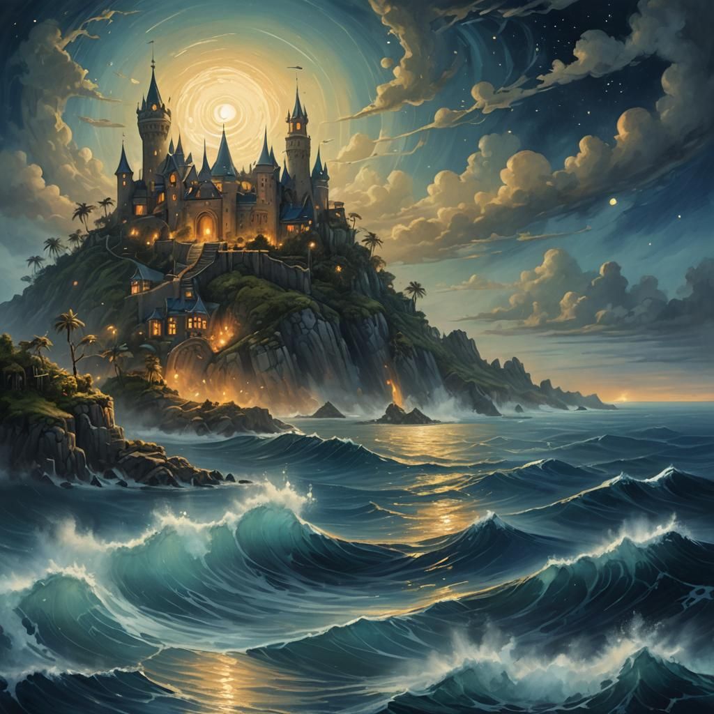 Fantasy Island Castle Under Moonlight: Surreal Art