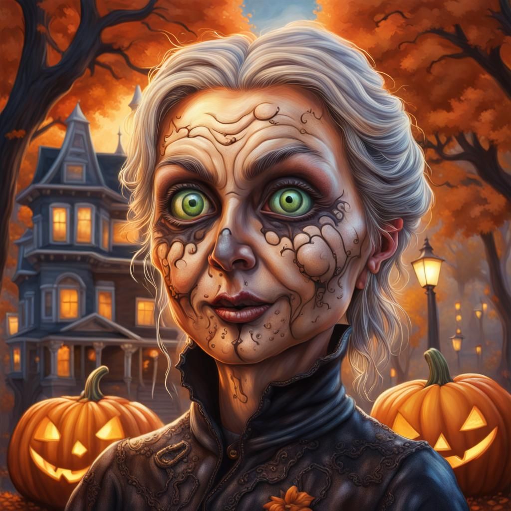 Whimsical Halloween Scene in Hyperrealistic Splash Art
