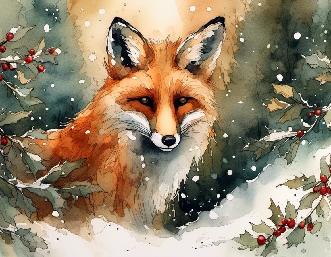 Vibrant Fox in Winter Wonderland As Ink Illustration