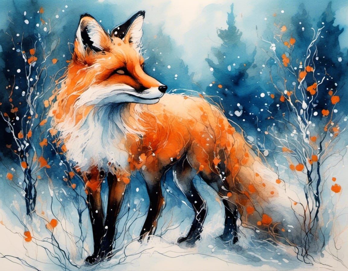 Vibrant Fox Under Holly in Whimsical Forest Scene