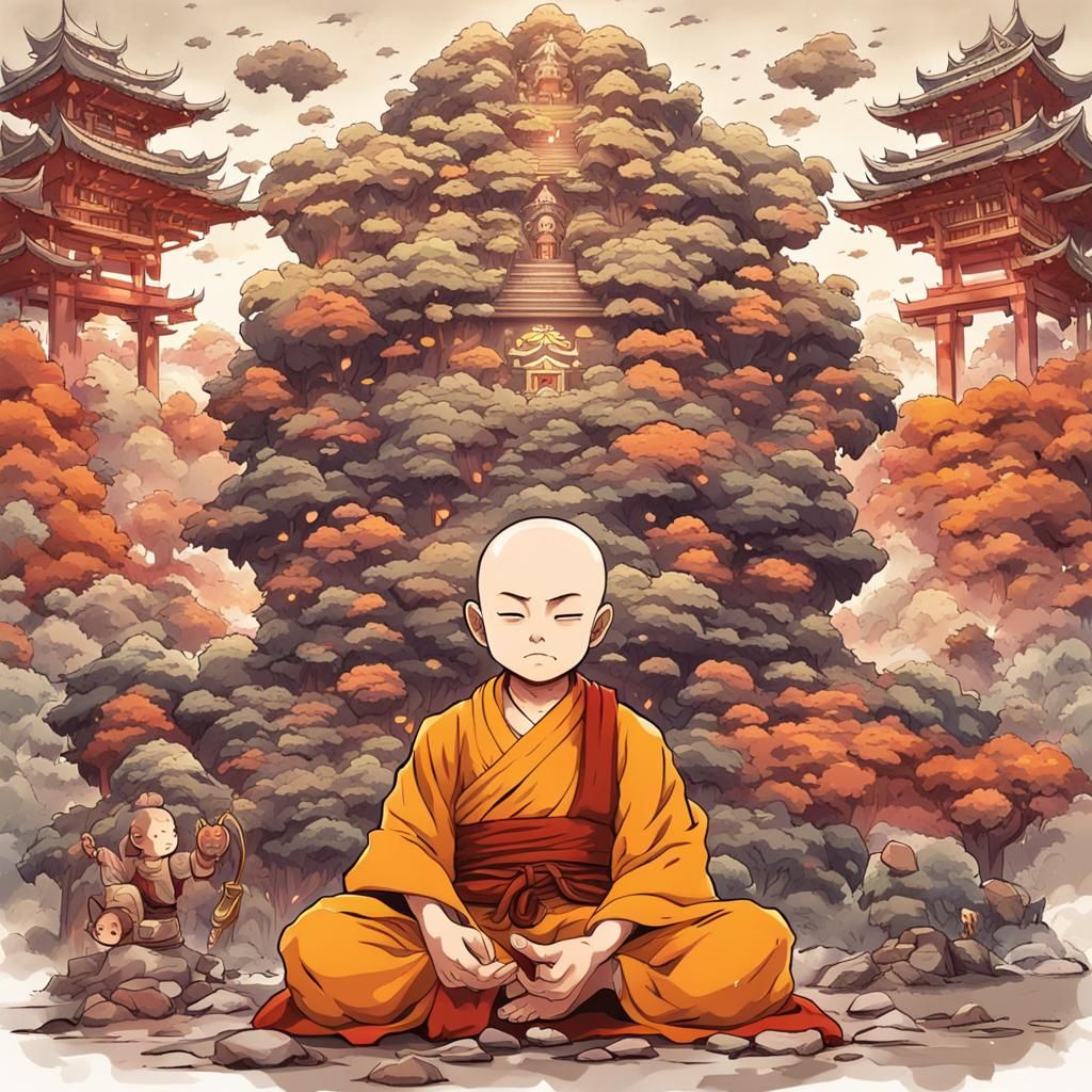 Tattooed Buddhist Monk Child in Anime Style