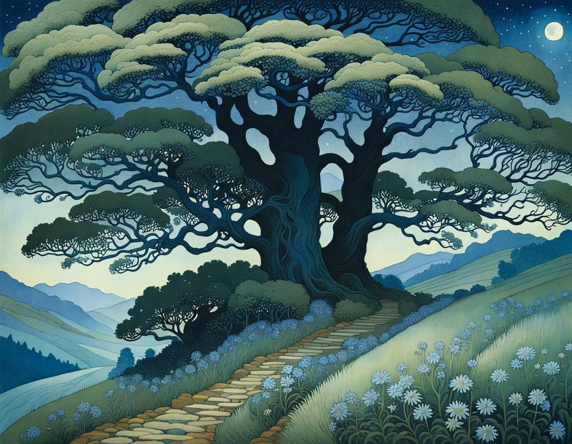 Moonlit Valley with Wildflowers, Illustrative Style