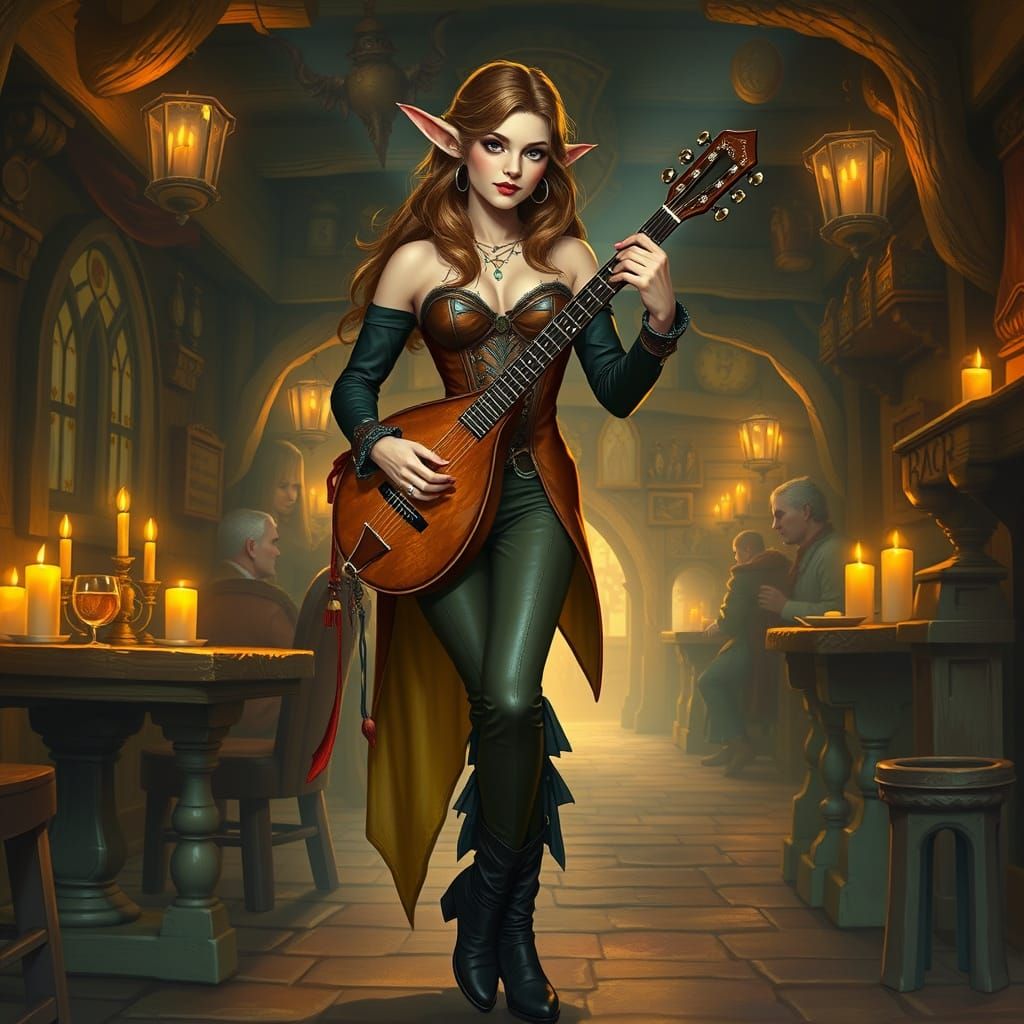 Half-Elf Bard in Mystical Tavern Setting