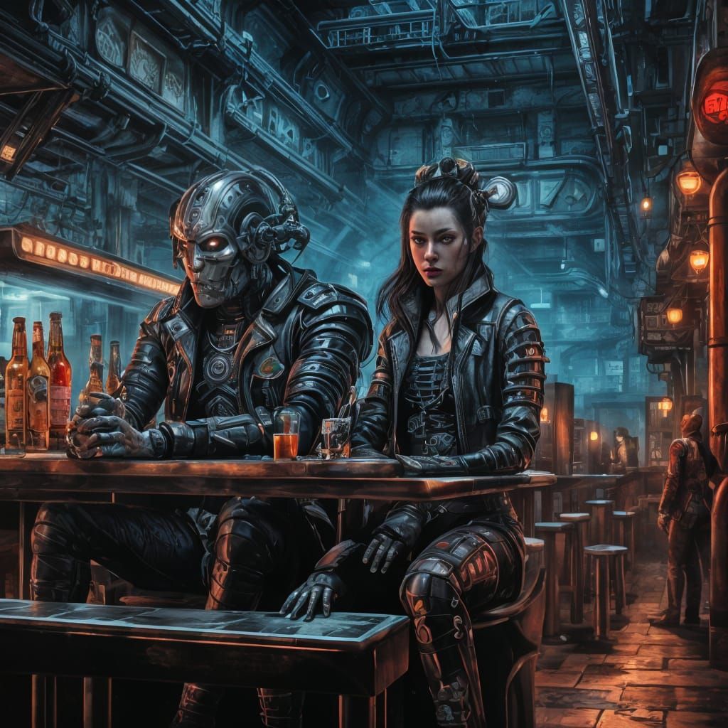 Cyberpunk Goddess and Warrior in Dark Fantasy Tavern