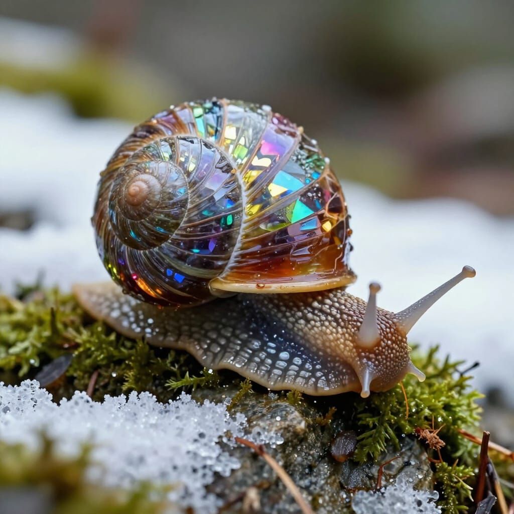 Snail with Crystal Shell in Moss and Snow