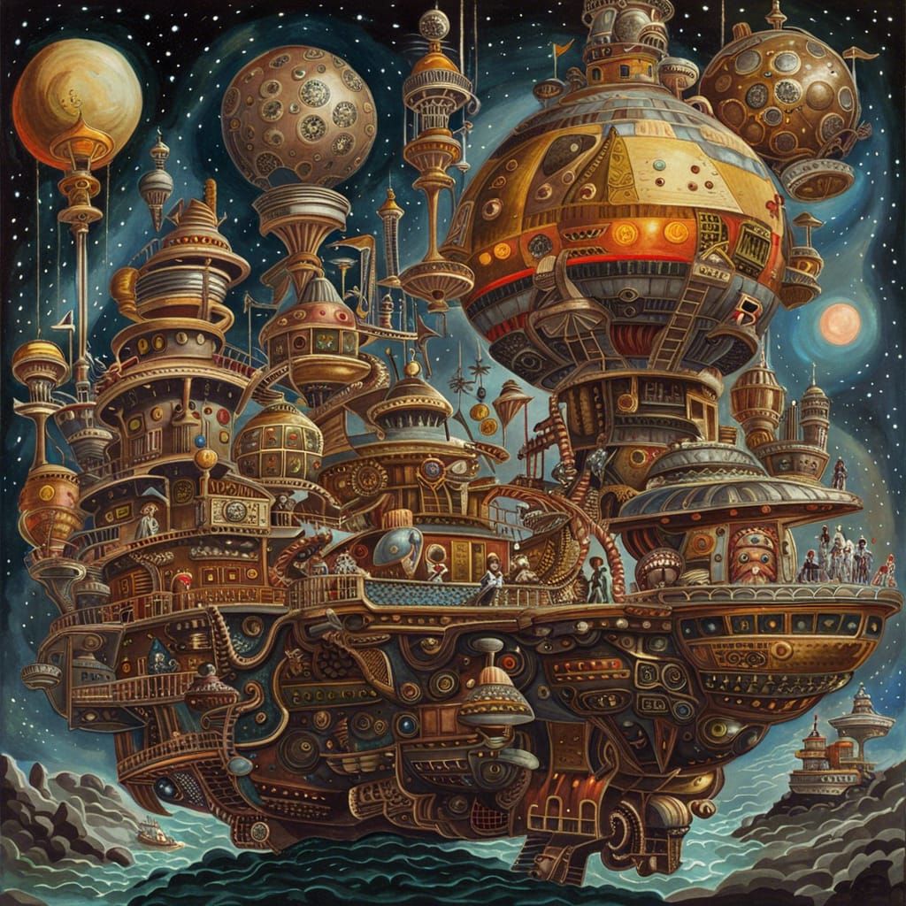 Steampunk Pirate Spaceship Crew in Gouache Style