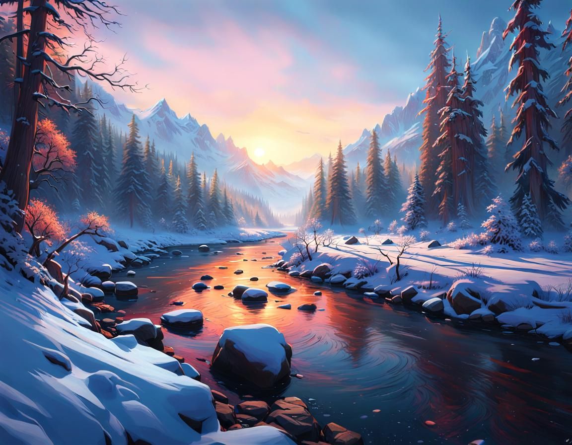 Epic Winter Riverscape Digital Illustration