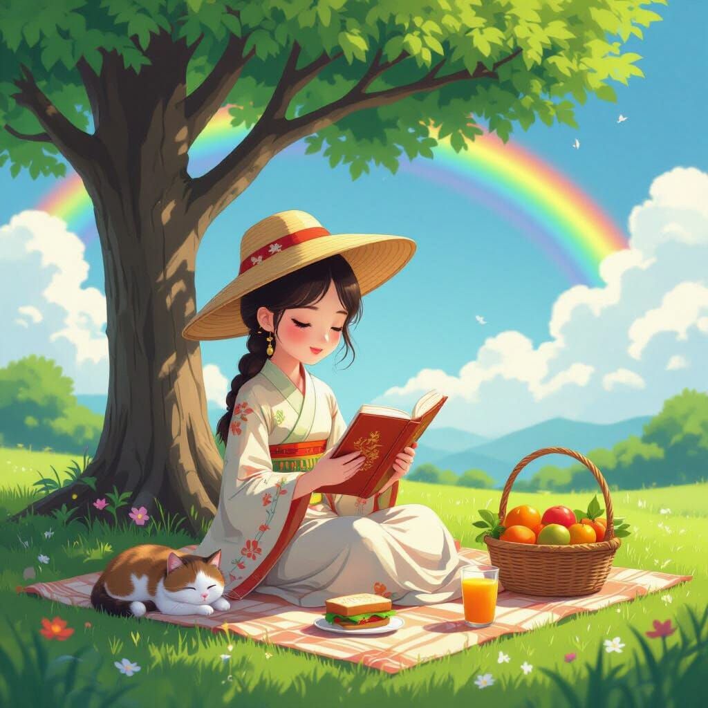 Asian Girl Reading Book Under Tree, Dreamy Illustration